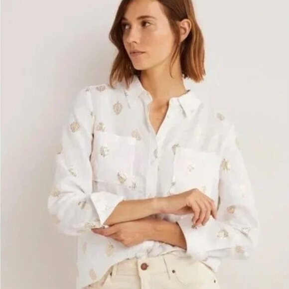 BODEN 100% Linen Gold Foil Medallion Block Print Button Down Shirt Blouse L/XL - Picture 1 of 12